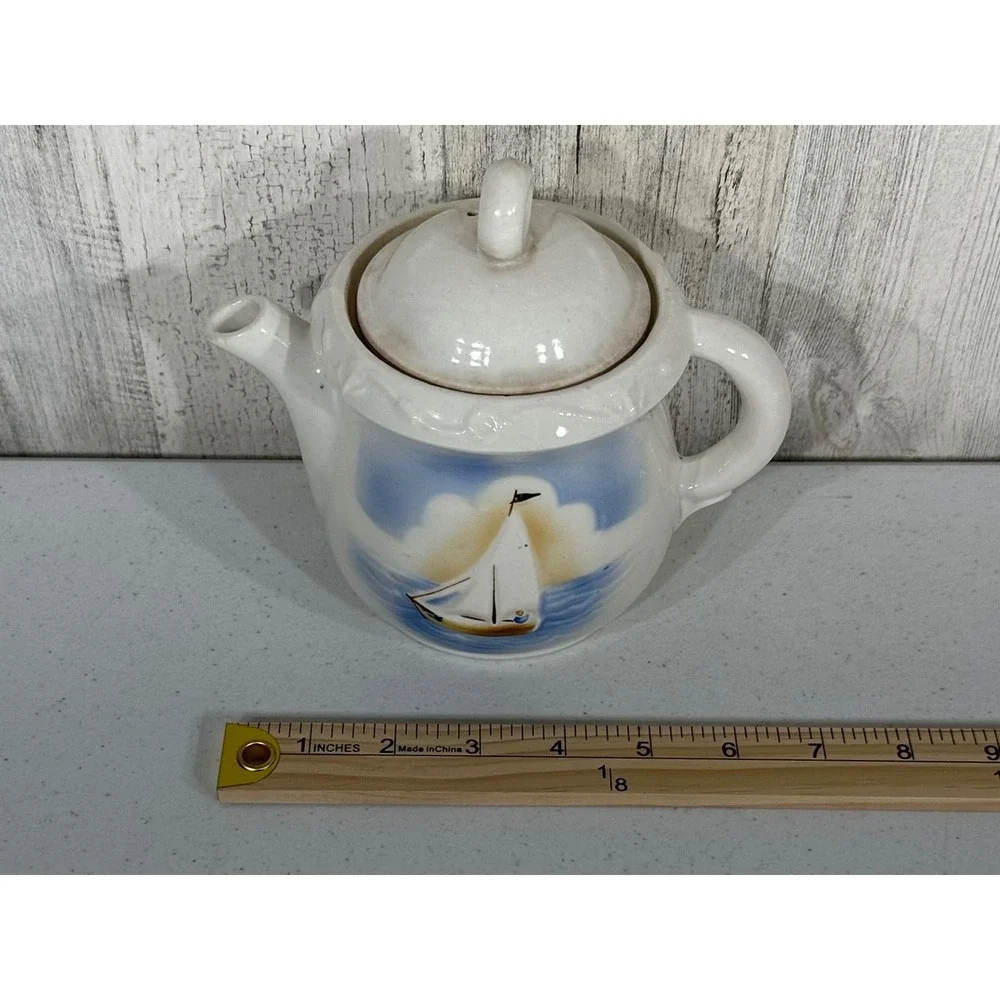 Porcelier‎ Vintage Porcelain Teapot Sailboat Nautical Beach Coastal Made in USA